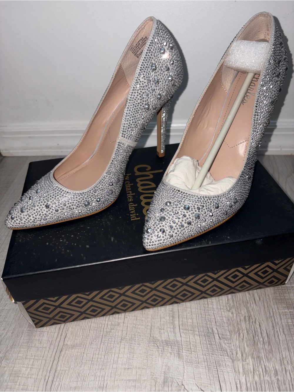 Charles David Silver Crystal Pointed Toe Stiletto Pumps